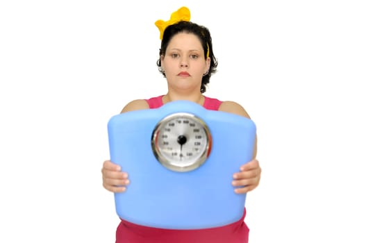 Large girl holding a scale isolated in white