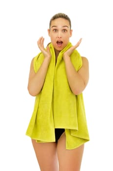 Girl with towel and surprised face isolated in white