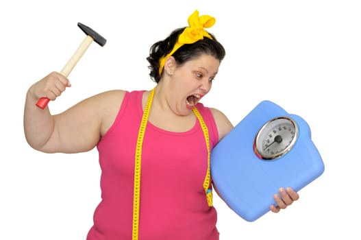 Angry large girl with hammer and scale isolated in white