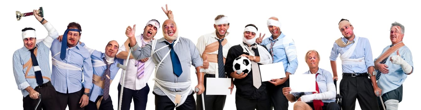 Team of injured and happy businessmen after a soccer game