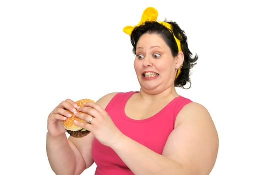 Large girl with hamburger isolated in white