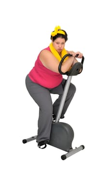 Large girl with fitness bicycle isolated in white