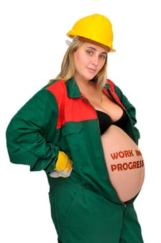 Pregnant woman in worker's jumpsuit isolated in white