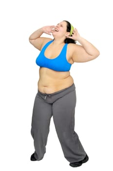 Desperate large girl isolated in white