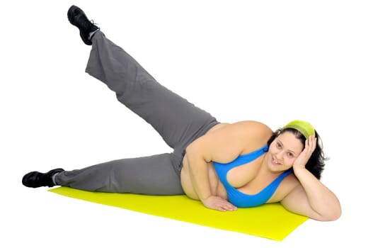 Large girl exercising isolated in white