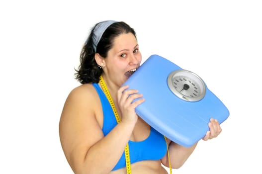 Large girl eating a weight scale isolated in white