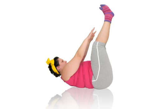 Large girl doing fitness exercises isolated in white