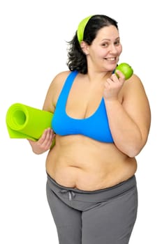 Large girl with apple isolated in white