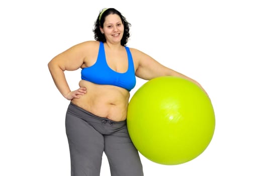 Large girl exercising with big fitness ball isolated in white