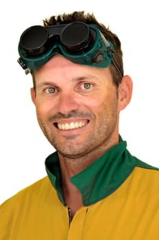 Construction worker with goggles isolated in white