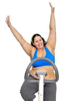 Large girl exercising isolated in white