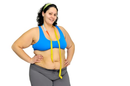 Large girl with measuring tape isolated in white