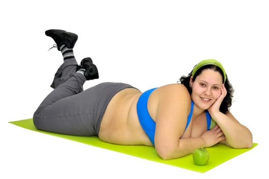 Large girl with an apple isolated in white