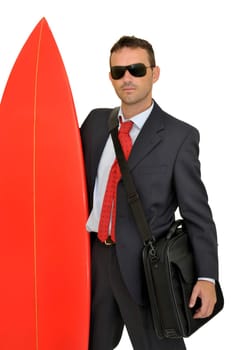 Young businessman with surf board