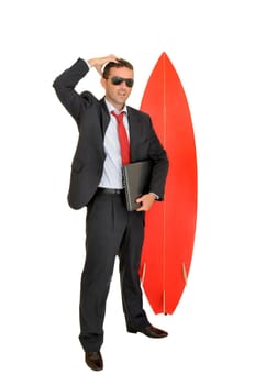 Young businessman with surf board