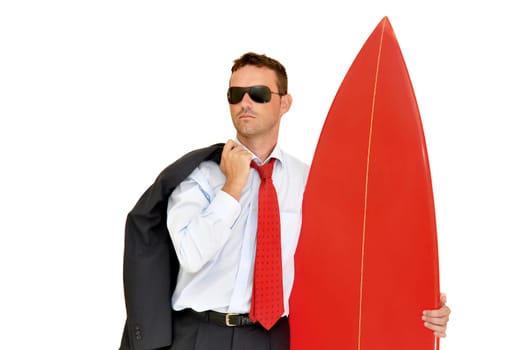 Young businessman with surf board