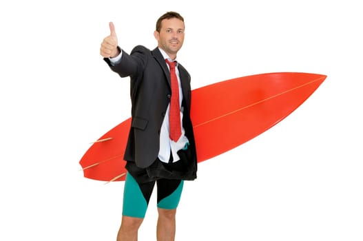 Young businessman with surf board