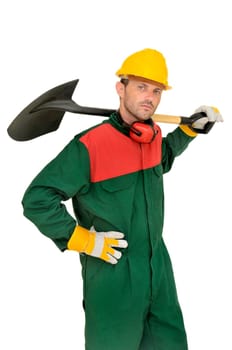 Construction worker with shovel isolated in white