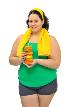 Large girl with fruit isolated in white