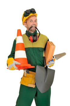 Construction worker with tools isolated in white