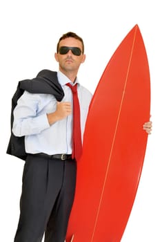 Young businessman with surf board