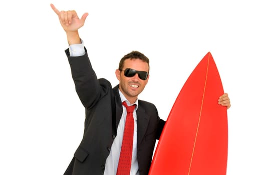 Young businessman with surf board