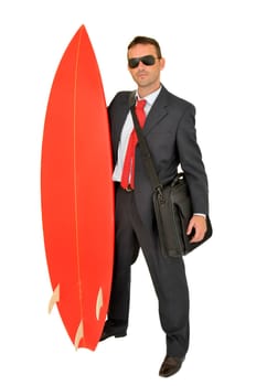 Young businessman with surf board