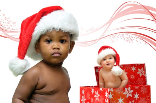 Beautiful babies with Christmas hat isolated in white