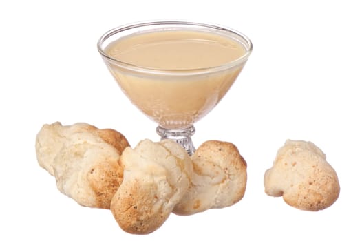 yuogurt and yucca bread on white background
