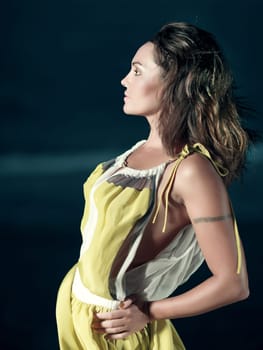 Fashion style photo of beautiful woman outdoor