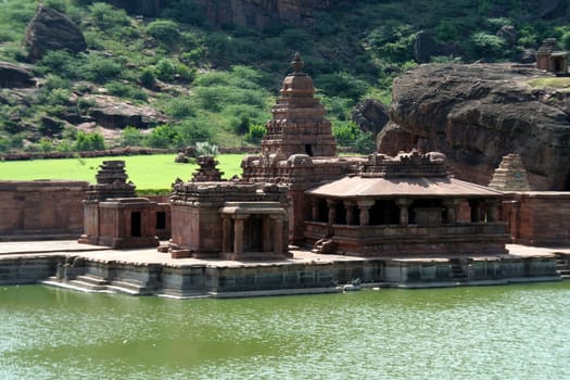 Group of Bhuthanatha Temples on eastern end of lake at Badami, Karnataka, India, Asia