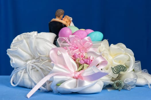 Arrangement with flowers and favors for wedding, baptism and First Communion