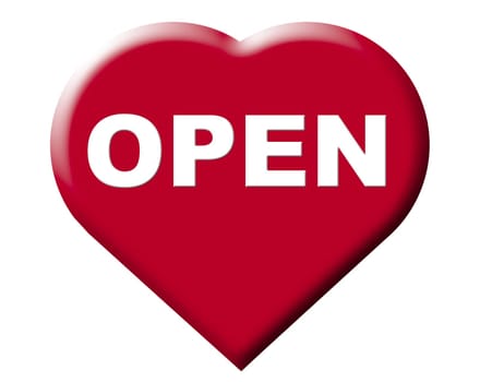 Red illustration heart shape showing the word OPEN