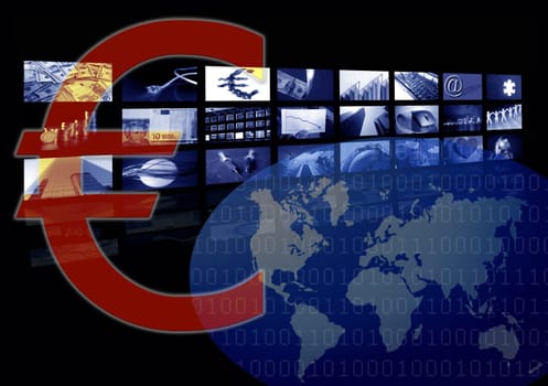 Euro Business corporate image from europe currency, multiple screen. World map