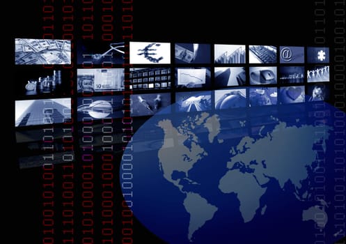Business corporate, world map, multiple screen. Metaphor mixing photo and ilustration in blue color