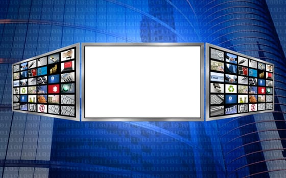 Global 3d screen multimedia monitor tech concept, white copy space