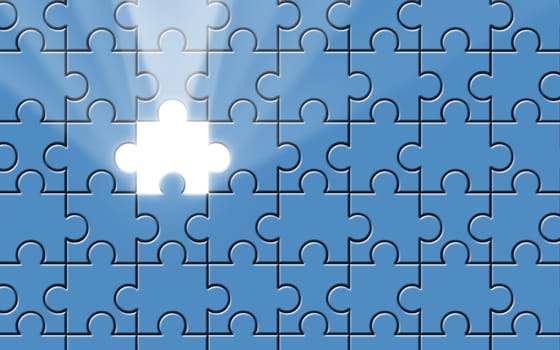 Blue puzzle with missing piece and beam of white light