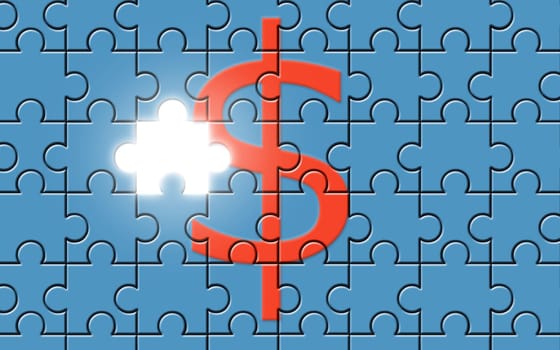 Dollar sign on a puzzle with missing piece, currency symbol