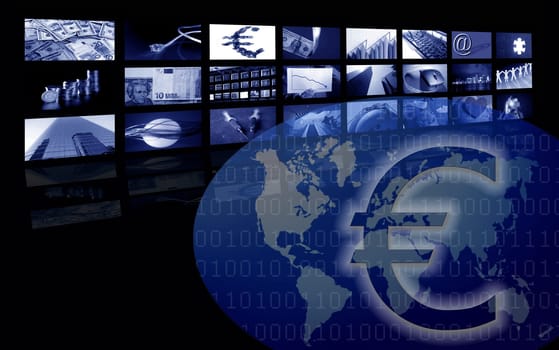 Euro Business corporate image from europe currency, multiple screen. World map