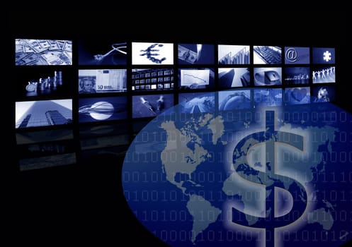 Business corporate, world map, multiple screen. Metaphor mixing photo and ilustration in blue color