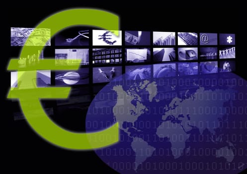 Euro Business corporate image from europe currency, multiple screen. World map
