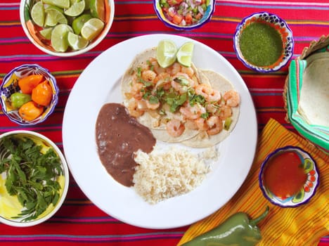 shrimp tacos rice and frijoles chili sauces Mexican seafood