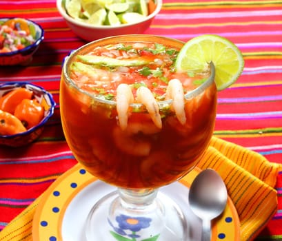 Cocktail of shrimps seafood mexican style chili sauce lemon