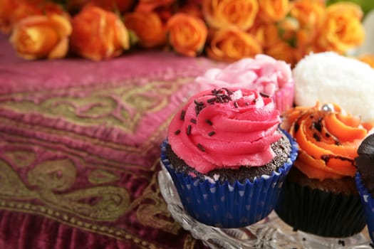 Cupcakes colorful muffin pink orange cream vintage flowers pillow