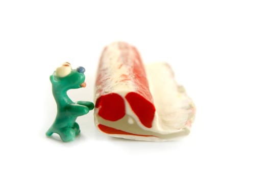 Handmade hungry plasticine dogs withy some meat to eat