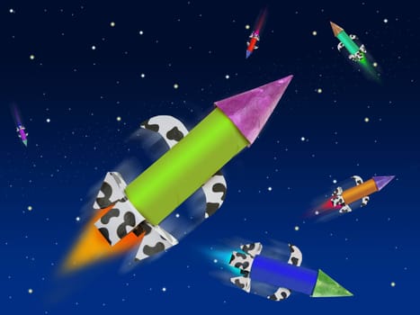 Colorful fantasy rocket flying into blue space planets and stars