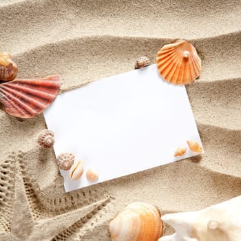 copyspace blank paper on white beach sand summer starfishand and shells