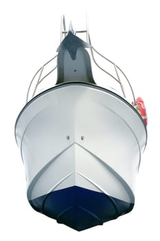 Beached white sport motor boat hull view from down isolated over white