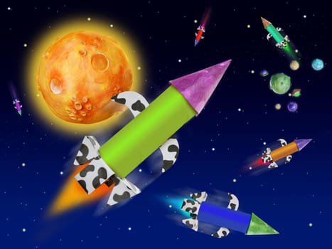 Colorful fantasy rocket flying into blue space planets and stars