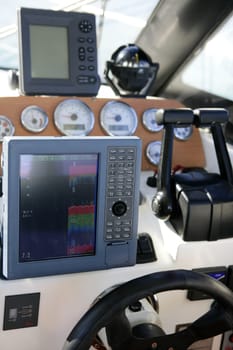 Boat control bridge, plotter, fishfinder, radar, power, compass, interior white